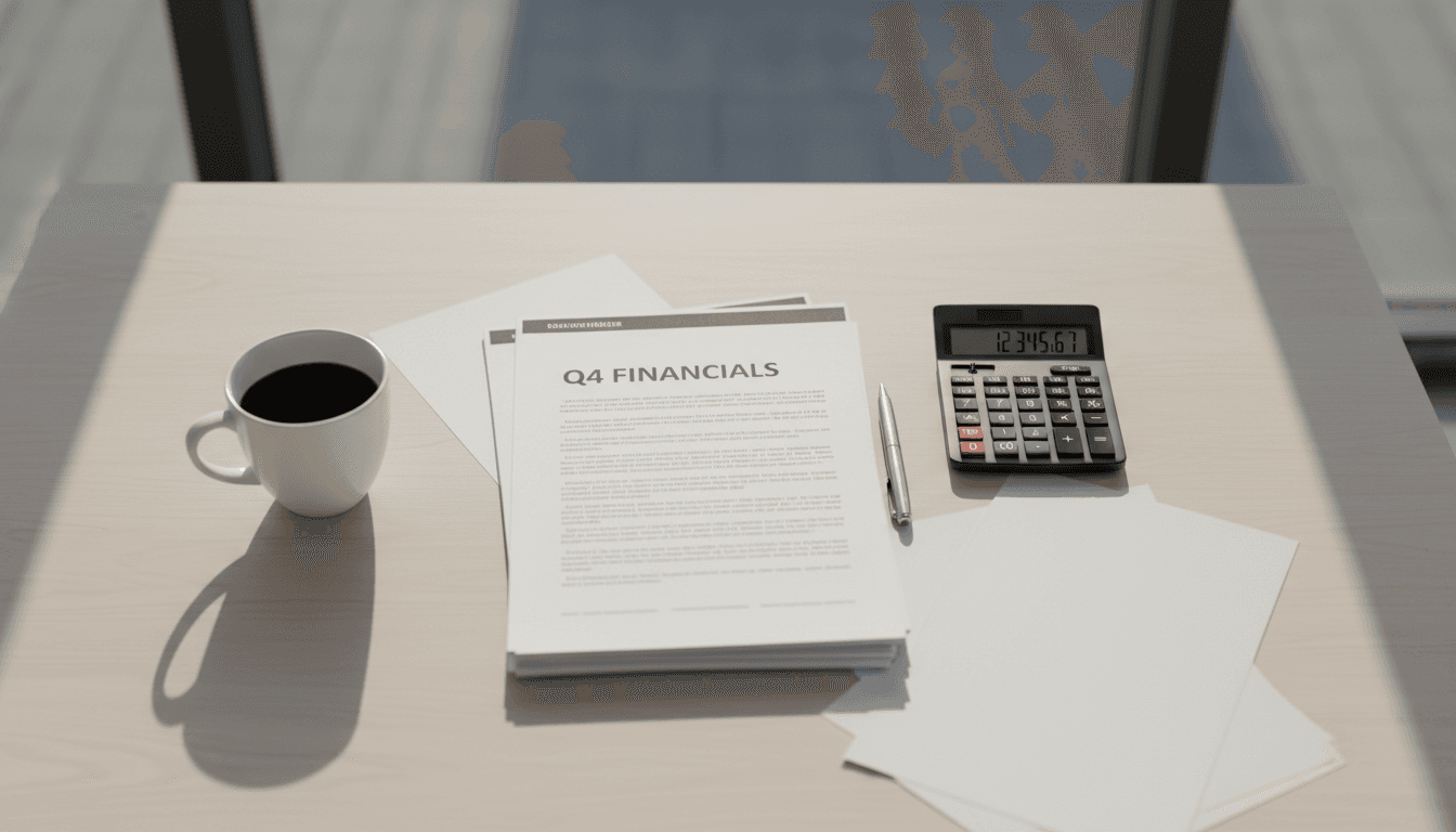 Overhead view of printed reports and a calculator on a desk