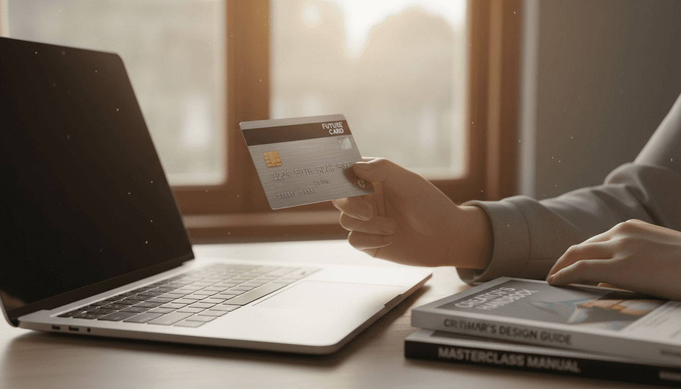 Hands holding a credit card near a laptop and product guides